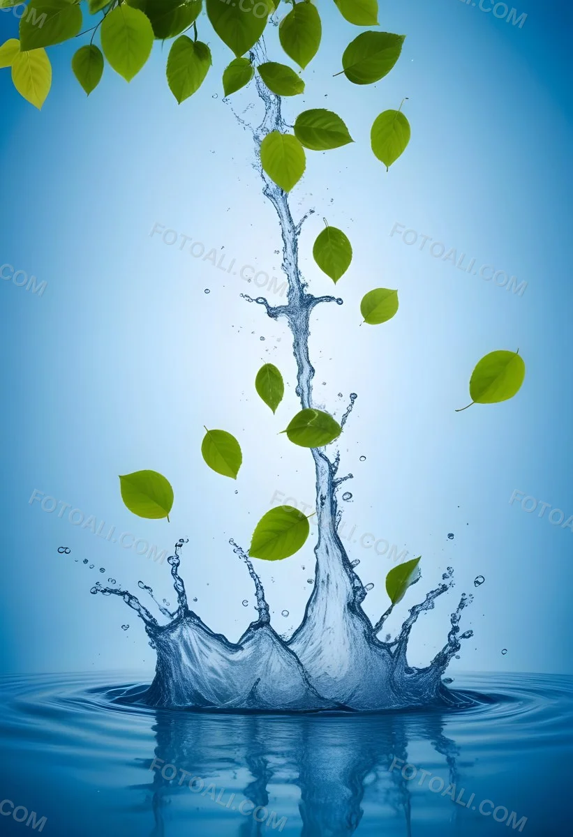 Green Leaves Falling Into Splashing Water Against A Blue Background 14 9e0a
