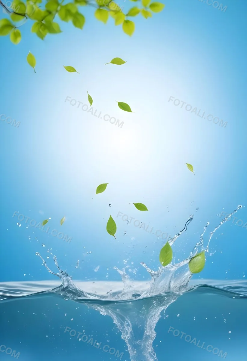 Green Leaves Falling Into Splashing Water Against A Blue Background 16 A488
