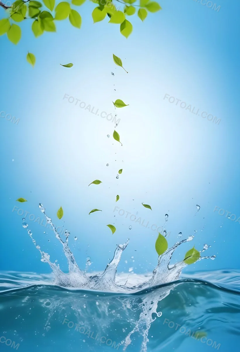 Green Leaves Falling Into Splashing Water Against A Blue Background 2 20f9