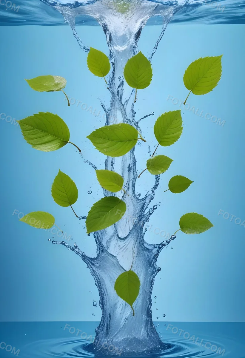 Green Leaves Falling Into Splashing Water Against A Blue Background 3 C2e3
