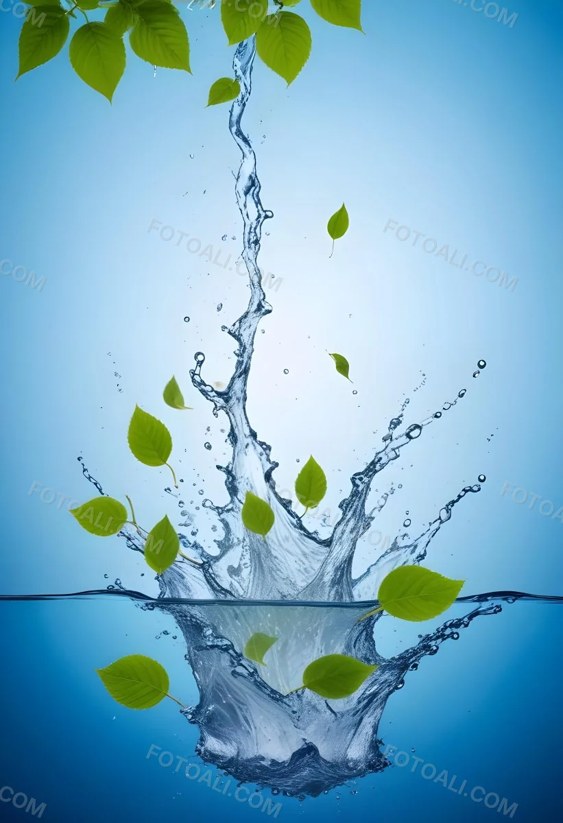 Green Leaves Falling Into Splashing Water Against A Blue Background 4 9aae