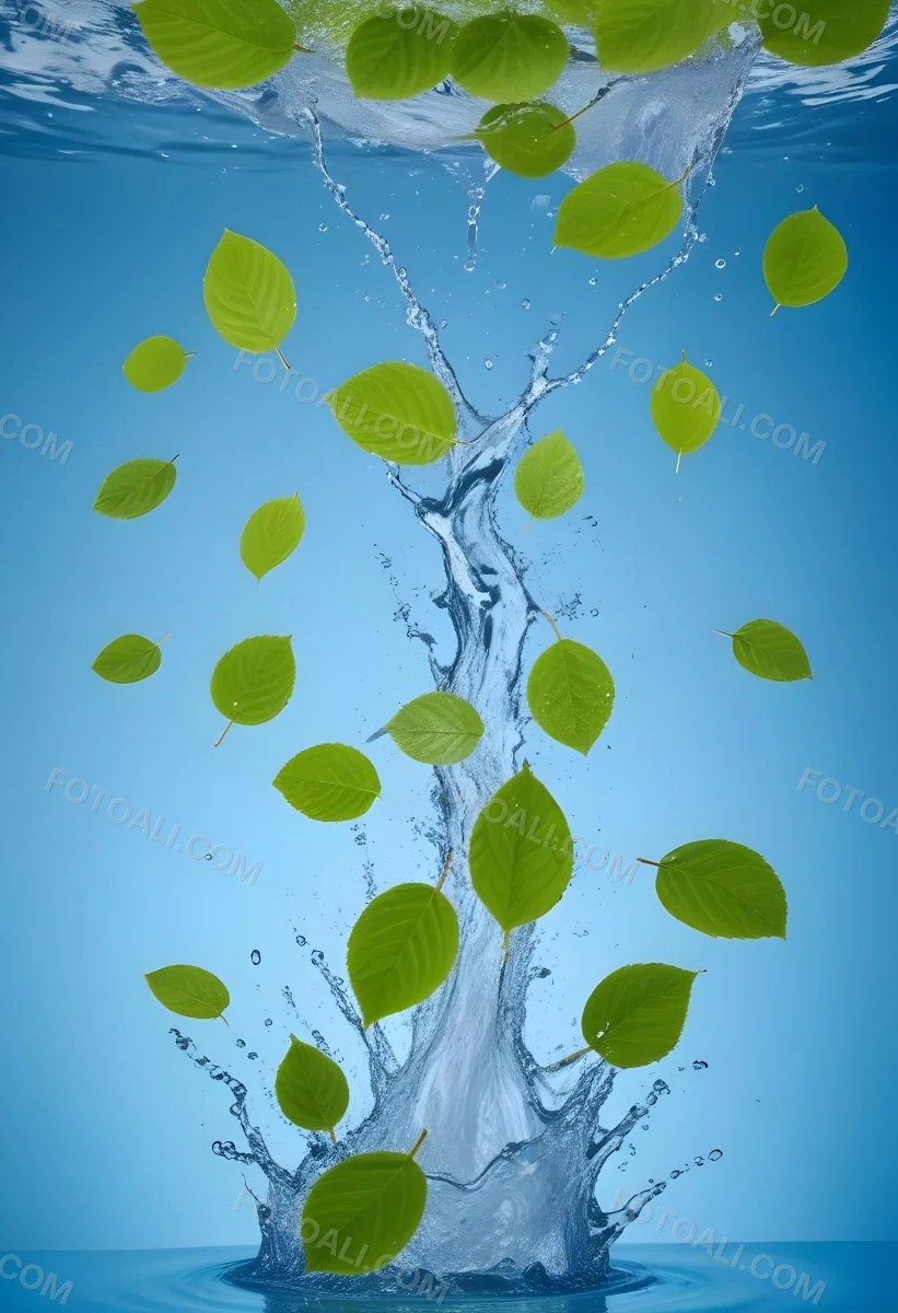 Green Leaves Falling Into Splashing Water Against A Blue Background 6 D98b