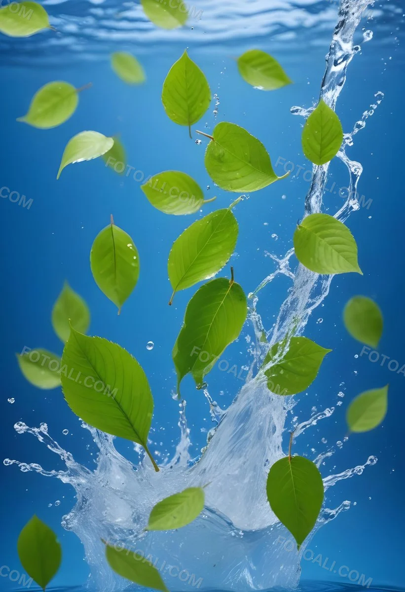 Green Leaves Falling Into Splashing Water Against A Blue Background 7 2791