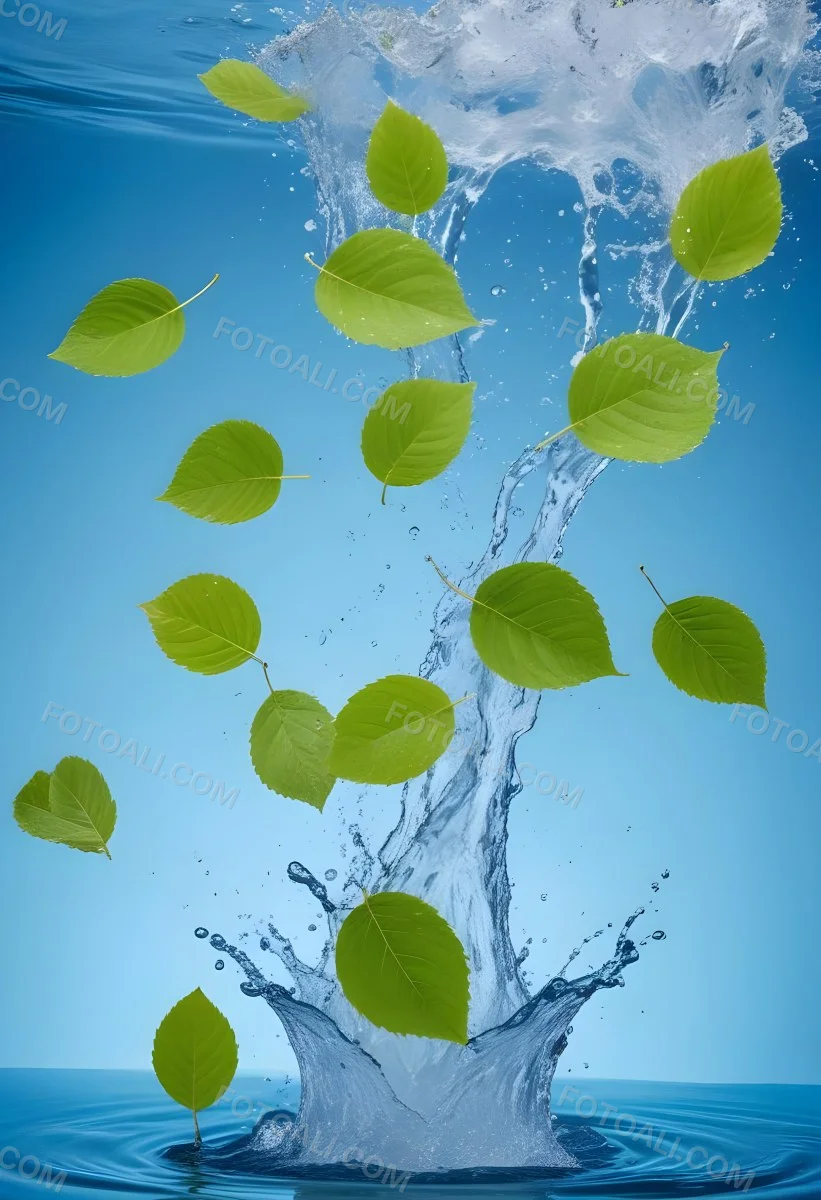 Green Leaves Falling Into Splashing Water Against A Blue Background 8 C7b6