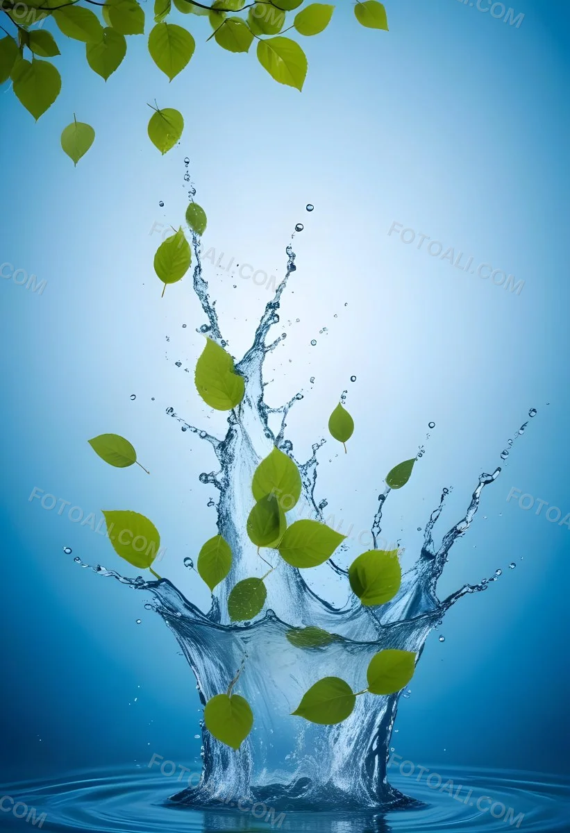 Green Leaves Falling Into Splashing Water Against A Blue Background 9 643e