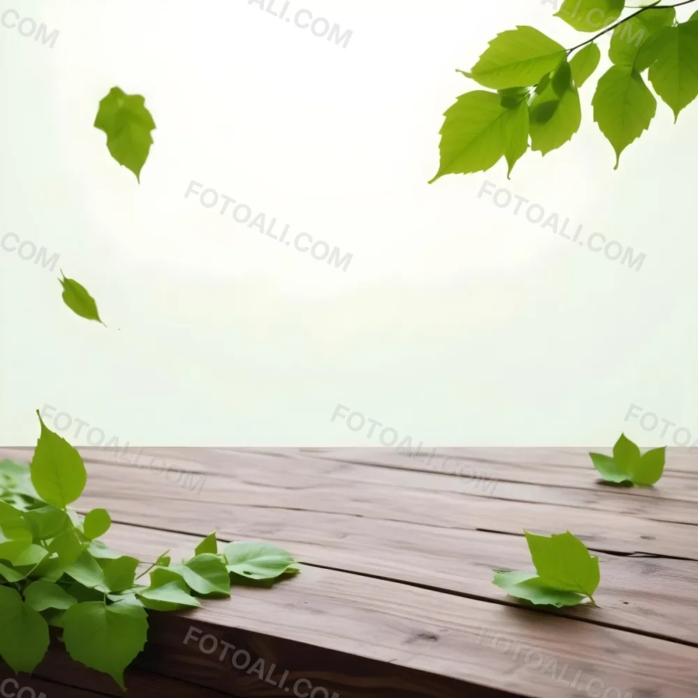 Green Leaves Floating Over A Wooden Surface 17 C639