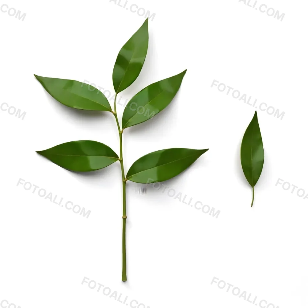 Green Leaves On A Branch With A Single Leaf Next To It Isolated On A White Background Studio Shot Natural Light 7 9882
