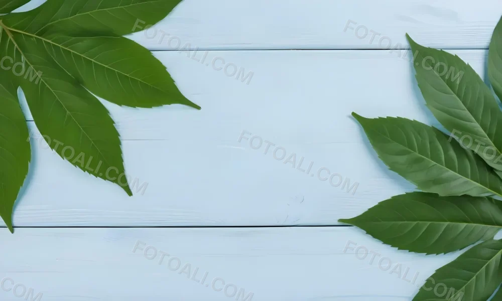 Green Leaves On A Light Blue Wooden Surface The Leaves Are Arranged In The Corners Of The Image The Background Is A Light Blue Color 1 797a