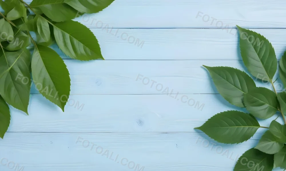 Green Leaves On A Light Blue Wooden Surface The Leaves Are Arranged In The Corners Of The Image The Background Is A Light Blue Color 12 0414