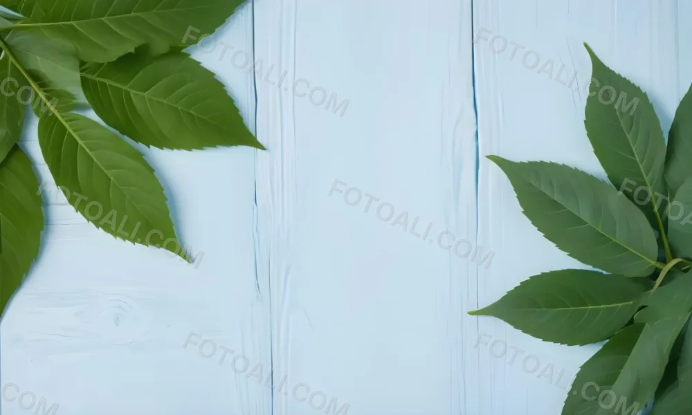 Green Leaves On A Light Blue Wooden Surface The Leaves Are Arranged In The Corners Of The Image The Background Is A Light Blue Color 17 A6be