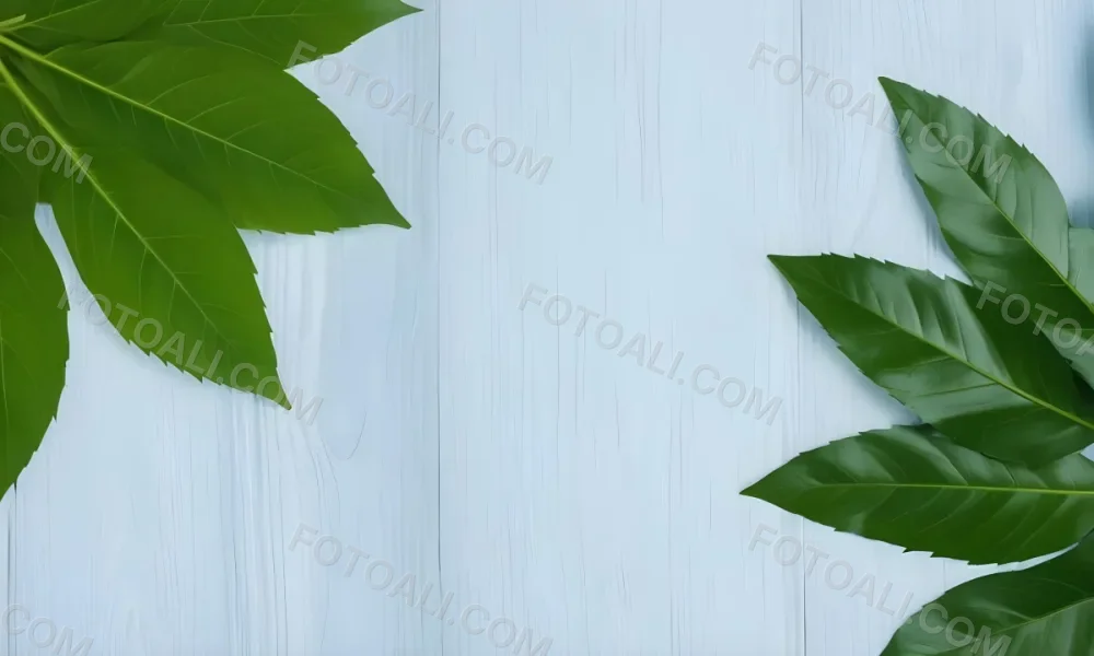 Green Leaves On A Light Blue Wooden Surface The Leaves Are Arranged In The Corners Of The Image The Background Is A Light Blue Color 33 B3a6