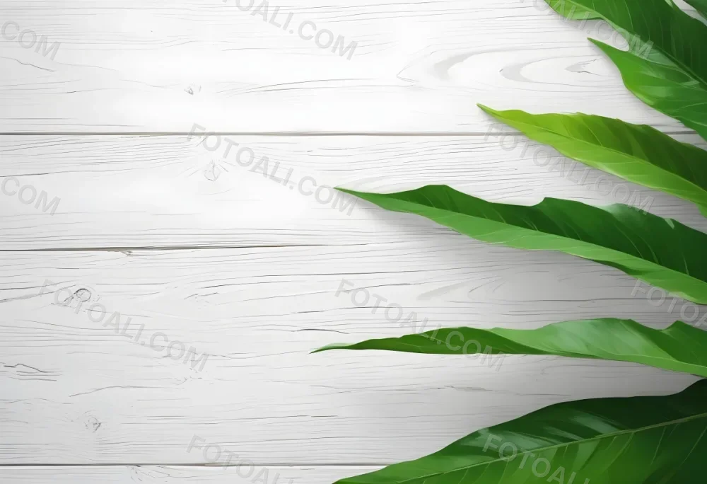 Green Leaves On A White Wooden Surface Creating A Natural And Fresh Background Ideal For Product Presentation Or Text Overlay 12 1eb4