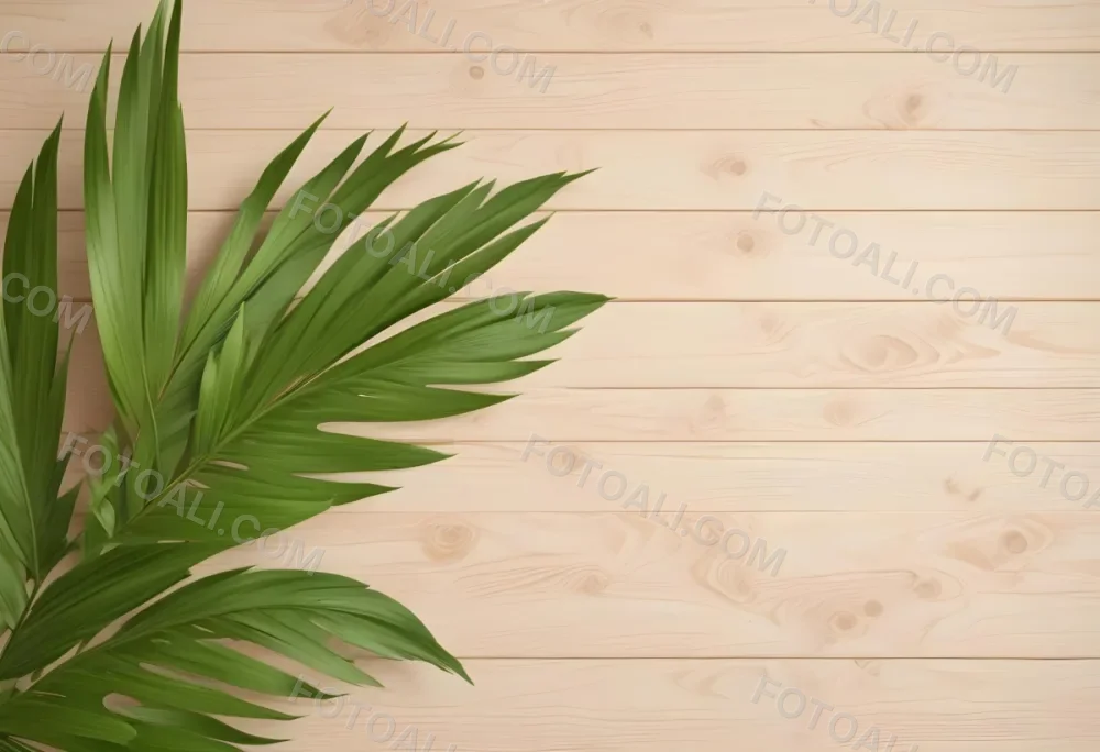 Green Palm Leaf On A Light Brown Wooden Background Tropical Vibrant Natural Fresh Minimalist Clean Bright Summer Botanical Organic Simple 19 8b42