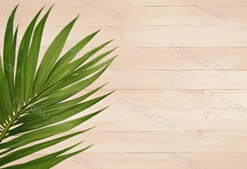 Green Palm Leaf On A Light Brown Wooden Background Tropical Vibrant Natural Fresh Minimalist Clean Bright Summer Botanical Organic Simple 20 5e01