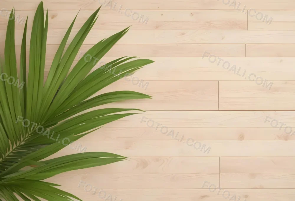 Green Palm Leaf On A Light Brown Wooden Background Tropical Vibrant Natural Fresh Minimalist Clean Bright Summer Botanical Organic Simple 36 C360