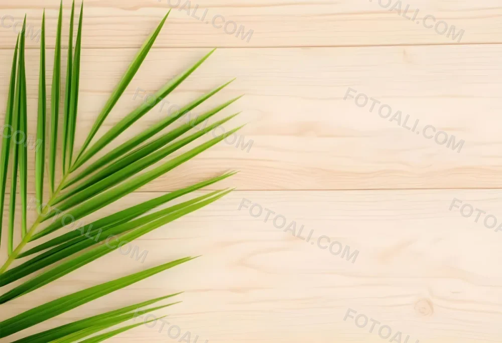 Green Palm Leaf On A Light Brown Wooden Background Tropical Vibrant Natural Fresh Minimalist Clean Bright Summer Botanical Organic Simple 43 6b86