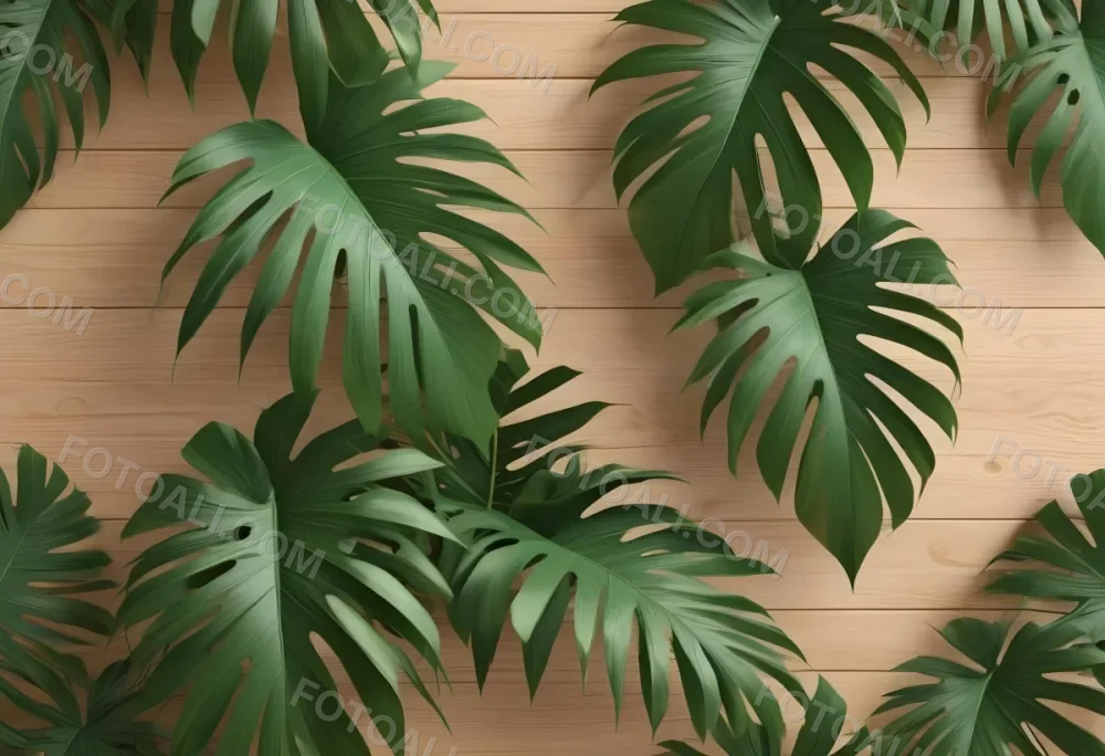 Green Palm Leaf On A Light Brown Wooden Background Tropical Vibrant Natural Fresh Minimalist Clean Bright Summer Botanical Organic Simple 52 0728