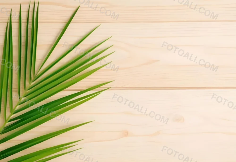 Green Palm Leaf On A Light Brown Wooden Background Tropical Vibrant Natural Fresh Minimalist Clean Bright Summer Botanical Organic Simple 57 3797