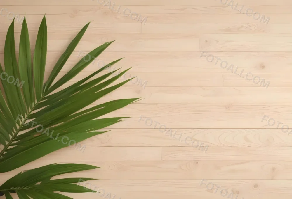 Green Palm Leaf On A Light Brown Wooden Background Tropical Vibrant Natural Fresh Minimalist Clean Bright Summer Botanical Organic Simple 58 Dd91