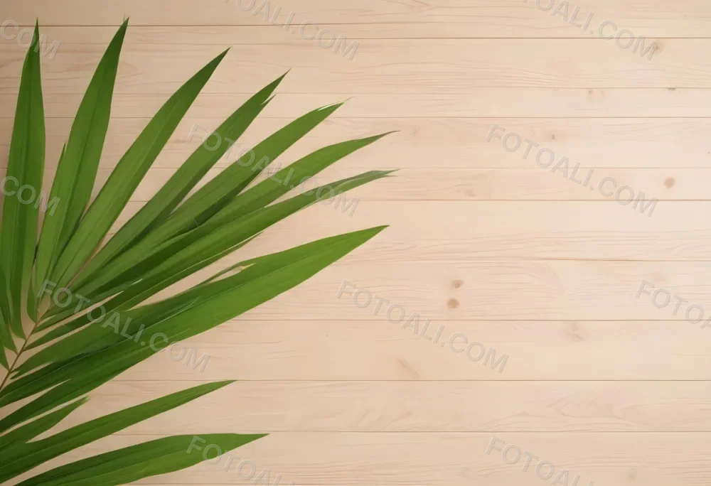 Green Palm Leaf On A Light Brown Wooden Background Tropical Vibrant Natural Fresh Minimalist Clean Bright Summer Botanical Organic Simple 59 395e