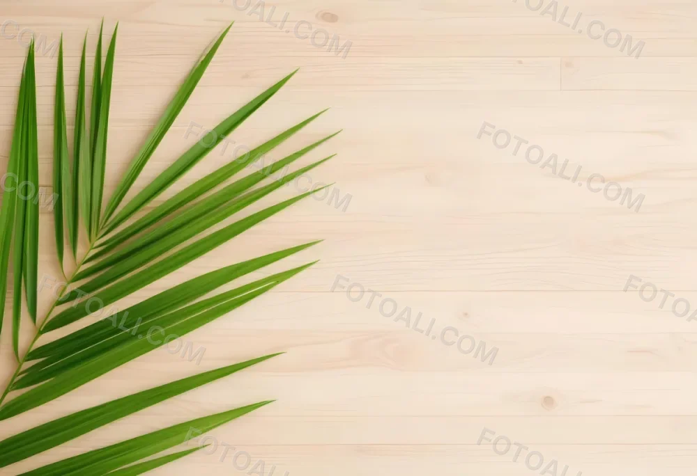 Green Palm Leaf On A Light Brown Wooden Background Tropical Vibrant Natural Fresh Minimalist Clean Bright Summer Botanical Organic Simple 6 C460