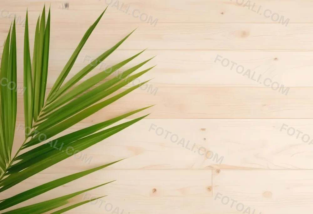 Green Palm Leaf On A Light Brown Wooden Background Tropical Vibrant Natural Fresh Minimalist Clean Bright Summer Botanical Organic Simple 61 370d