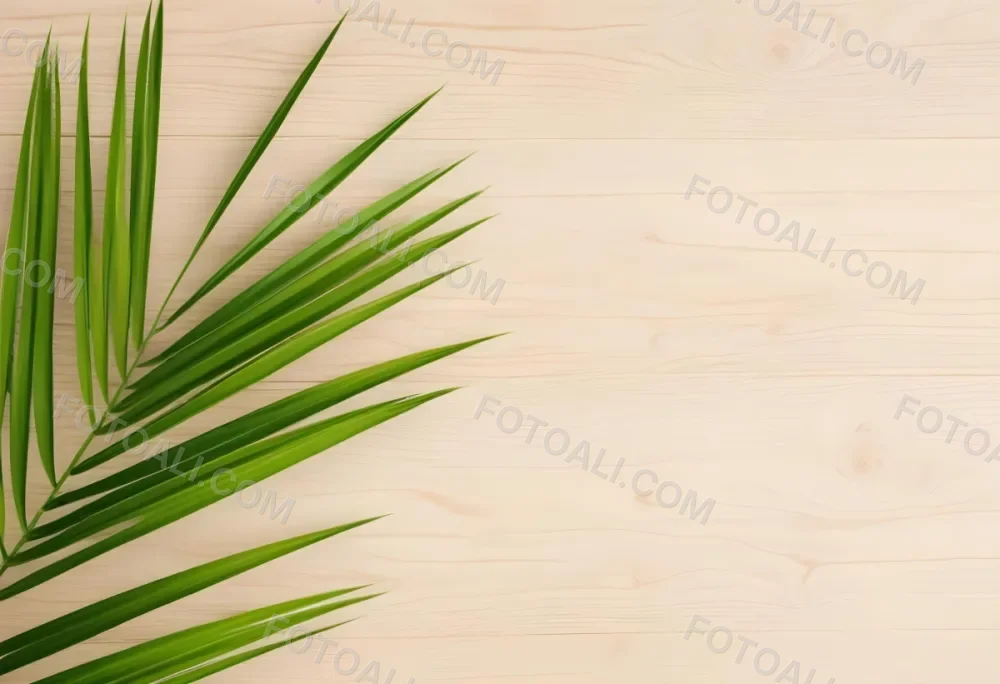 Green Palm Leaf On A Light Brown Wooden Background Tropical Vibrant Natural Fresh Minimalist Clean Bright Summer Botanical Organic Simple 63 A401
