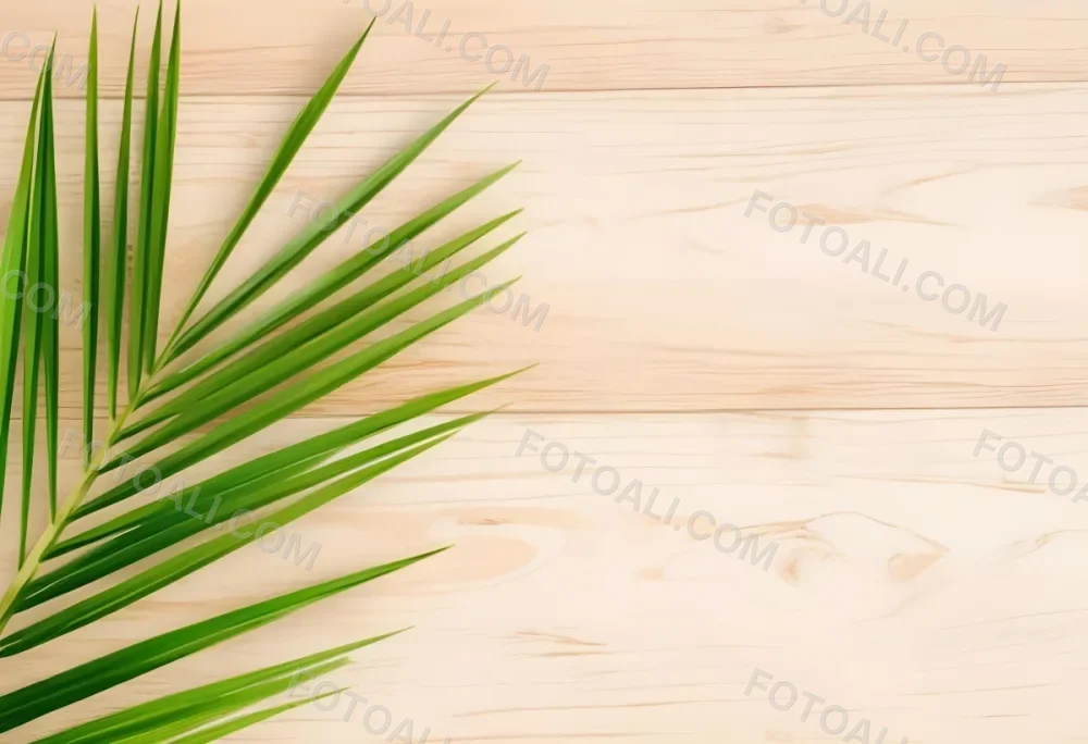Green Palm Leaf On A Light Brown Wooden Background Tropical Vibrant Natural Fresh Minimalist Clean Bright Summer Botanical Organic Simple 69 C990
