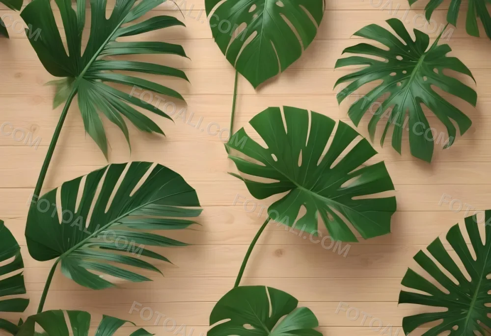 Green Palm Leaf On A Light Brown Wooden Background Tropical Vibrant Natural Fresh Minimalist Clean Bright Summer Botanical Organic Simple 7 Acff