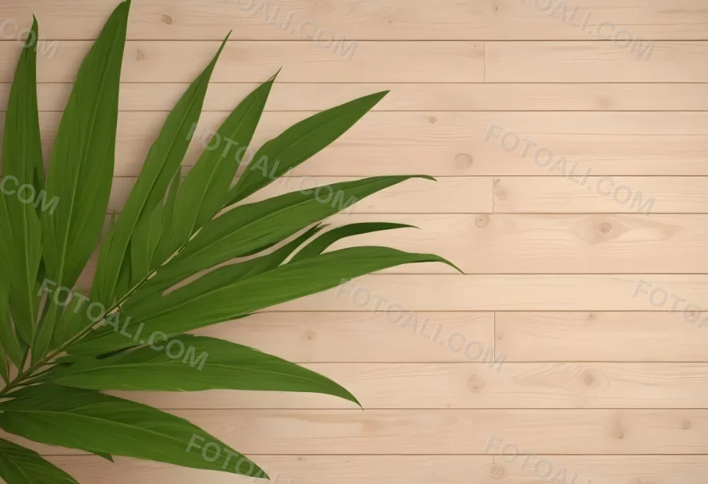 Green Palm Leaf On A Light Brown Wooden Background Tropical Vibrant Natural Fresh Minimalist Clean Bright Summer Botanical Organic Simple 8 Aef2