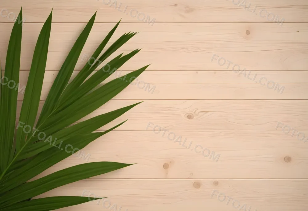 Green Palm Leaf On A Light Brown Wooden Background Tropical Vibrant Natural Fresh Minimalist Clean Bright Summer Botanical Organic Simple 9 3133