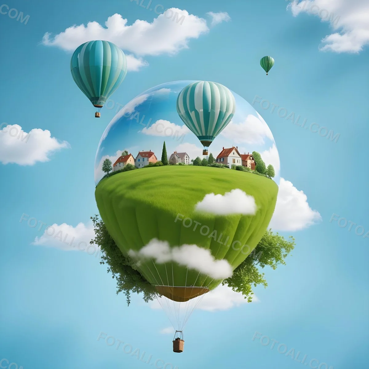 Green Planet With Grass Flowers And Buildings With A Blue And White Hot Air Balloon Flying In A Blue Sky With Clouds 177 5dae