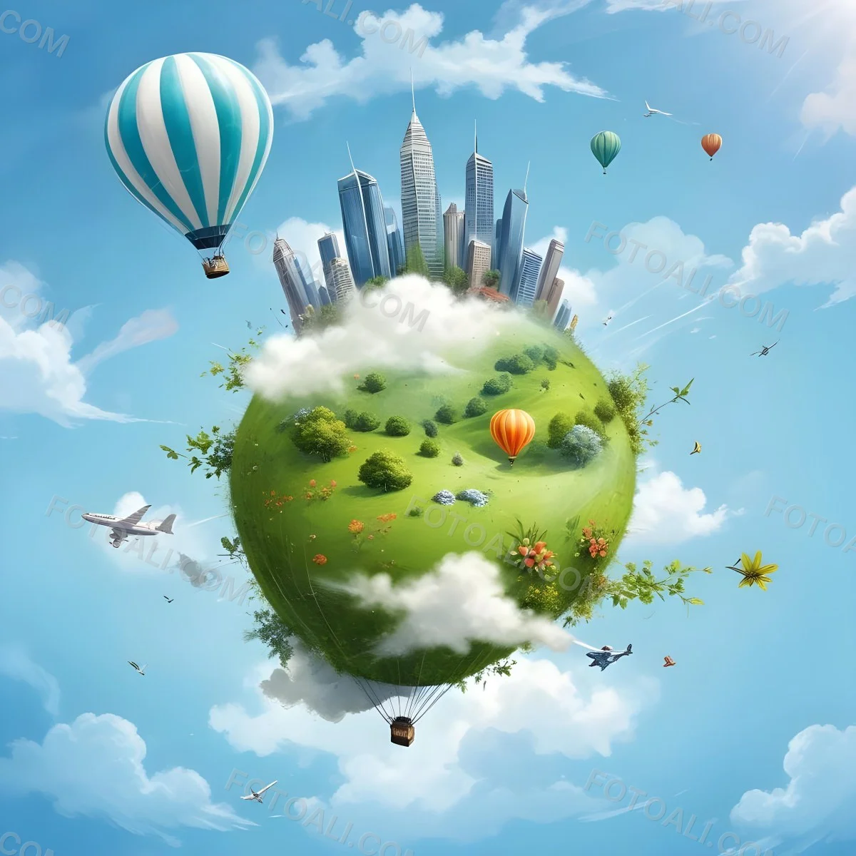 Green Planet With Grass Flowers And Buildings With A Blue And White Hot Air Balloon Flying In A Blue Sky With Clouds 178 9dec