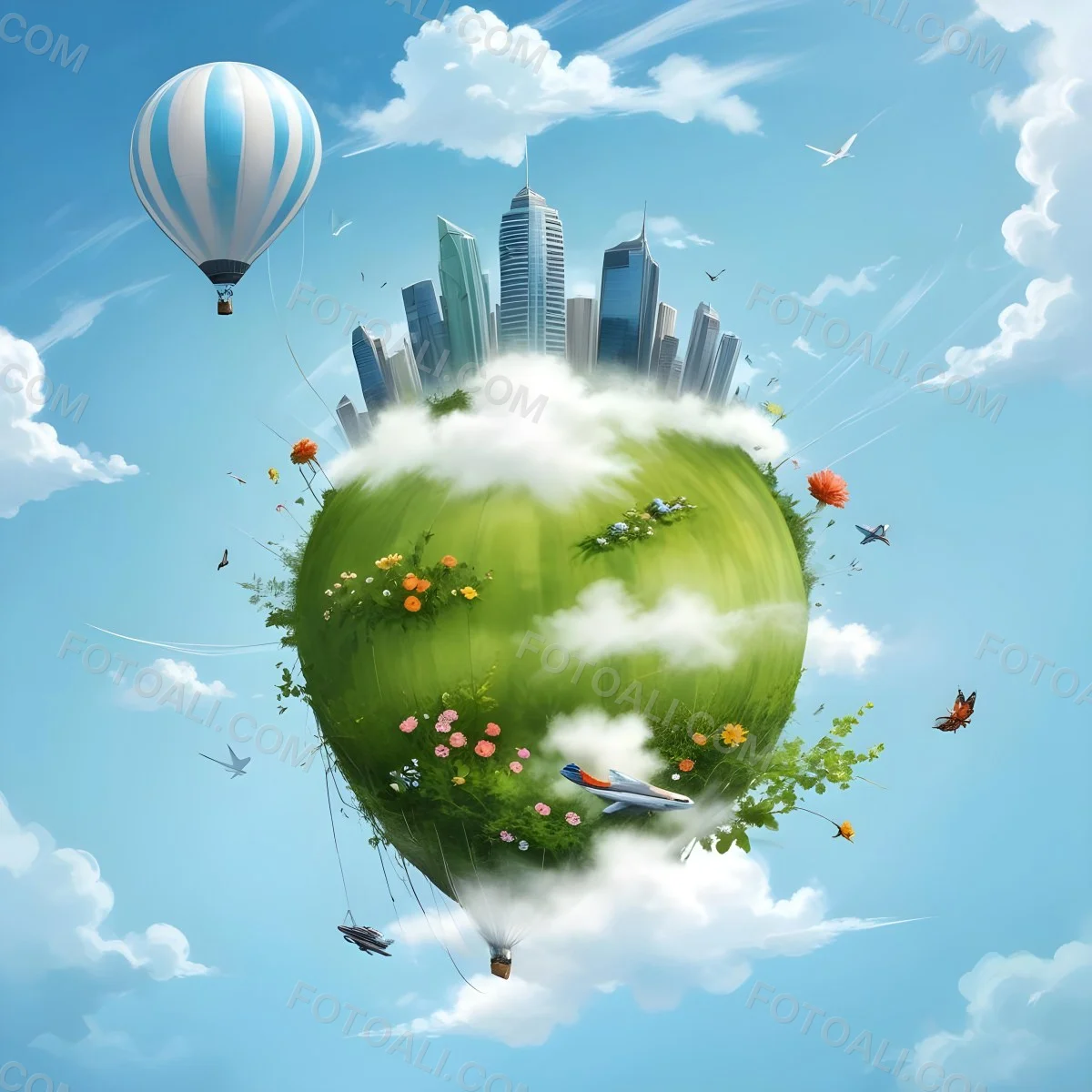 Green Planet With Grass Flowers And Buildings With A Blue And White Hot Air Balloon Flying In A Blue Sky With Clouds 189 Acda