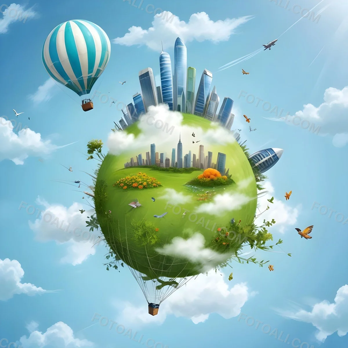 Green Planet With Grass Flowers And Buildings With A Blue And White Hot Air Balloon Flying In A Blue Sky With Clouds 191 7731