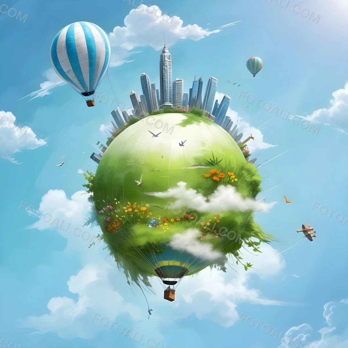 Green Planet With Grass Flowers And Buildings With A Blue And White Hot Air Balloon Flying In A Blue Sky With Clouds 193 9452