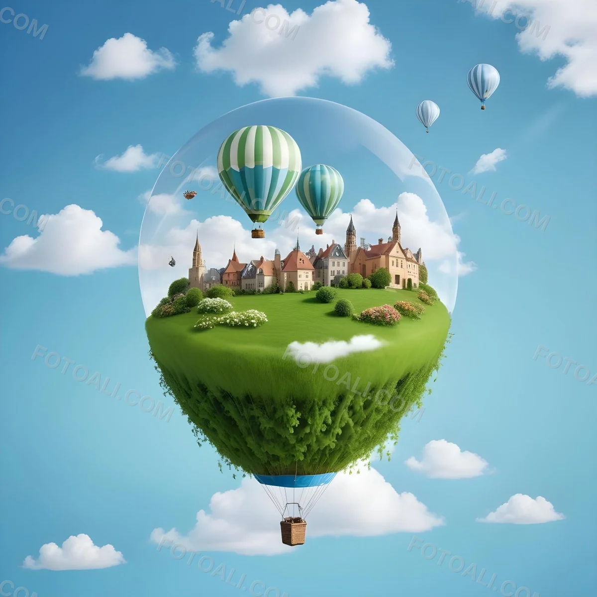 Green Planet With Grass Flowers And Buildings With A Blue And White Hot Air Balloon Flying In A Blue Sky With Clouds 198 C570