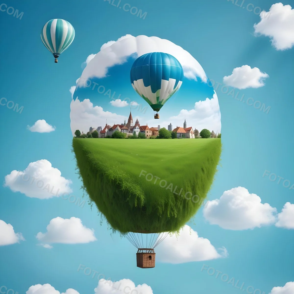 Green Planet With Grass Flowers And Buildings With A Blue And White Hot Air Balloon Flying In A Blue Sky With Clouds 80 9bb0
