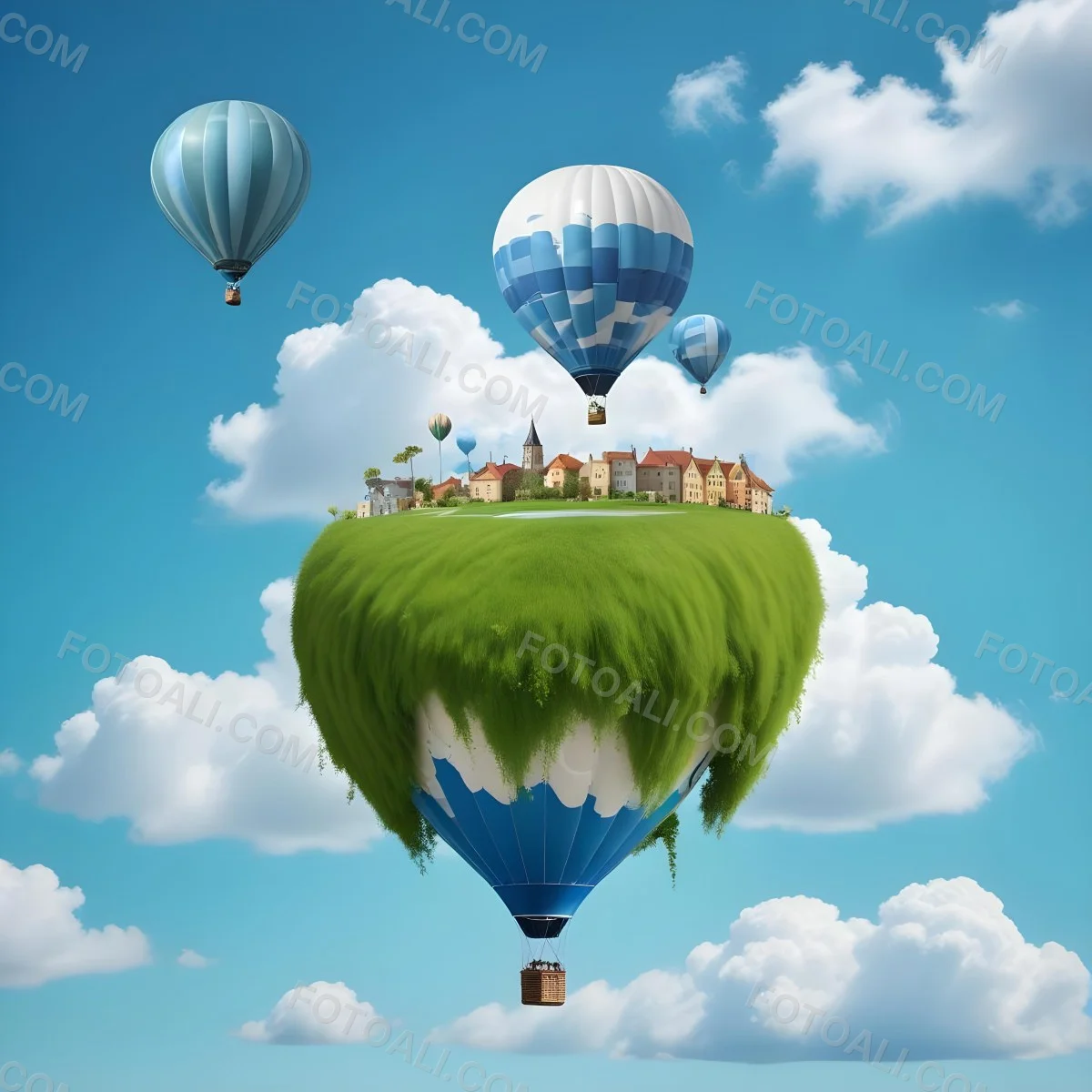 Green Planet With Grass Flowers And Buildings With A Blue And White Hot Air Balloon Flying In A Blue Sky With Clouds 81 2fd9