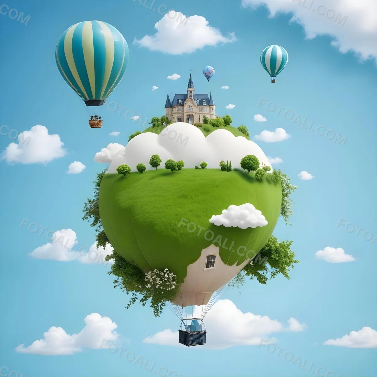 Green Planet With Grass Flowers And Buildings With A Blue And White Hot Air Balloon Flying In A Blue Sky With Clouds 96 F7e9