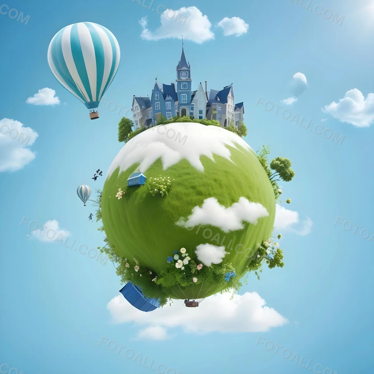 Green Planet With Grass Flowers And Buildings With A Blue And White Hot Air Balloon Flying In A Blue Sky With Clouds 99 0ec0