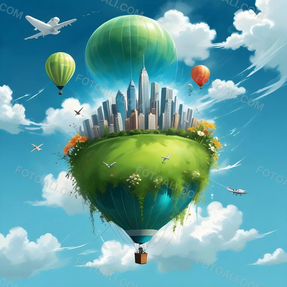 Green Planet With Grass Flowers And Skyscrapers Surrounded By Clouds A Hot Air Balloon And A Plane In A Blue Sky 14 C77b