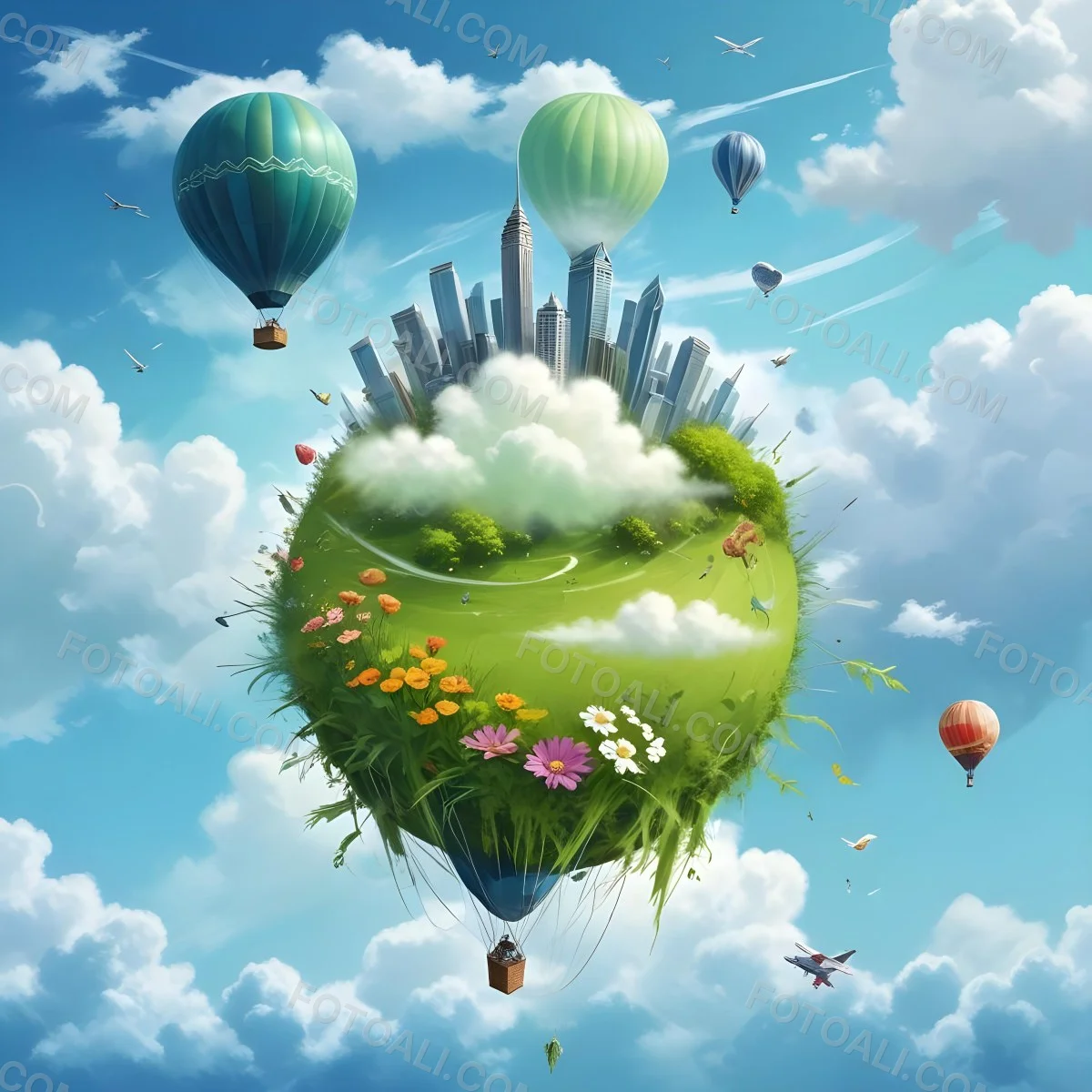 Green Planet With Grass Flowers And Skyscrapers Surrounded By Clouds A Hot Air Balloon And A Plane In A Blue Sky 2 88e6