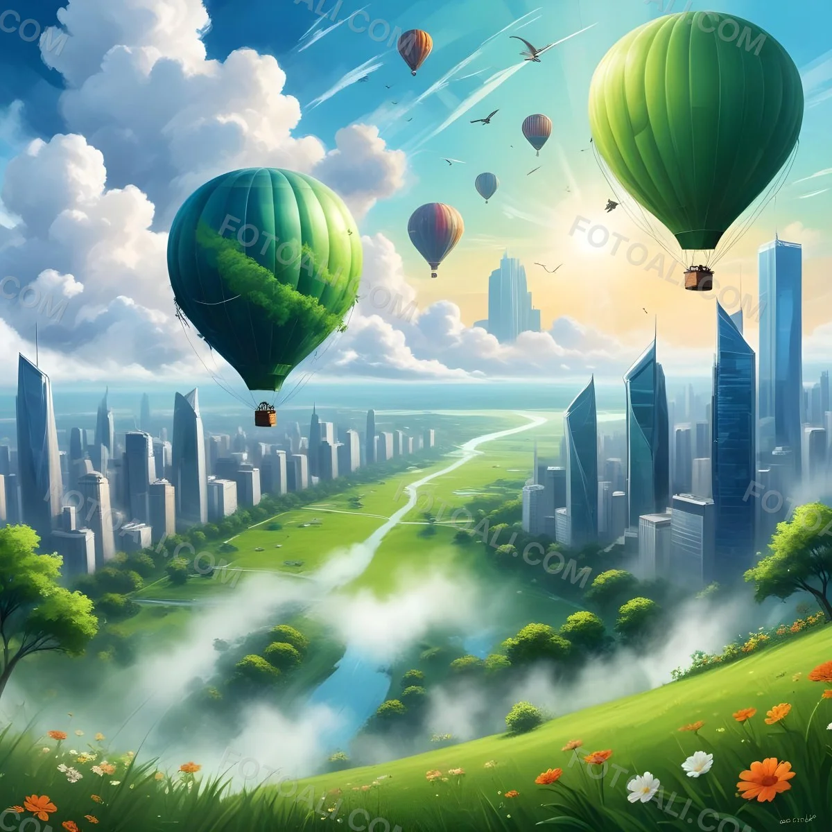 Green Planet With Grass Flowers And Skyscrapers Surrounded By Clouds A Hot Air Balloon And A Plane In A Blue Sky 20 951d