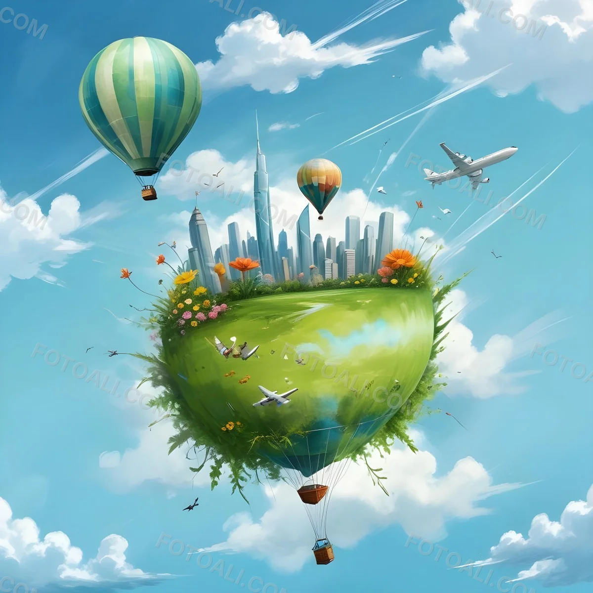 Green Planet With Grass Flowers And Skyscrapers Surrounded By Clouds A Hot Air Balloon And A Plane In A Blue Sky 24 1465