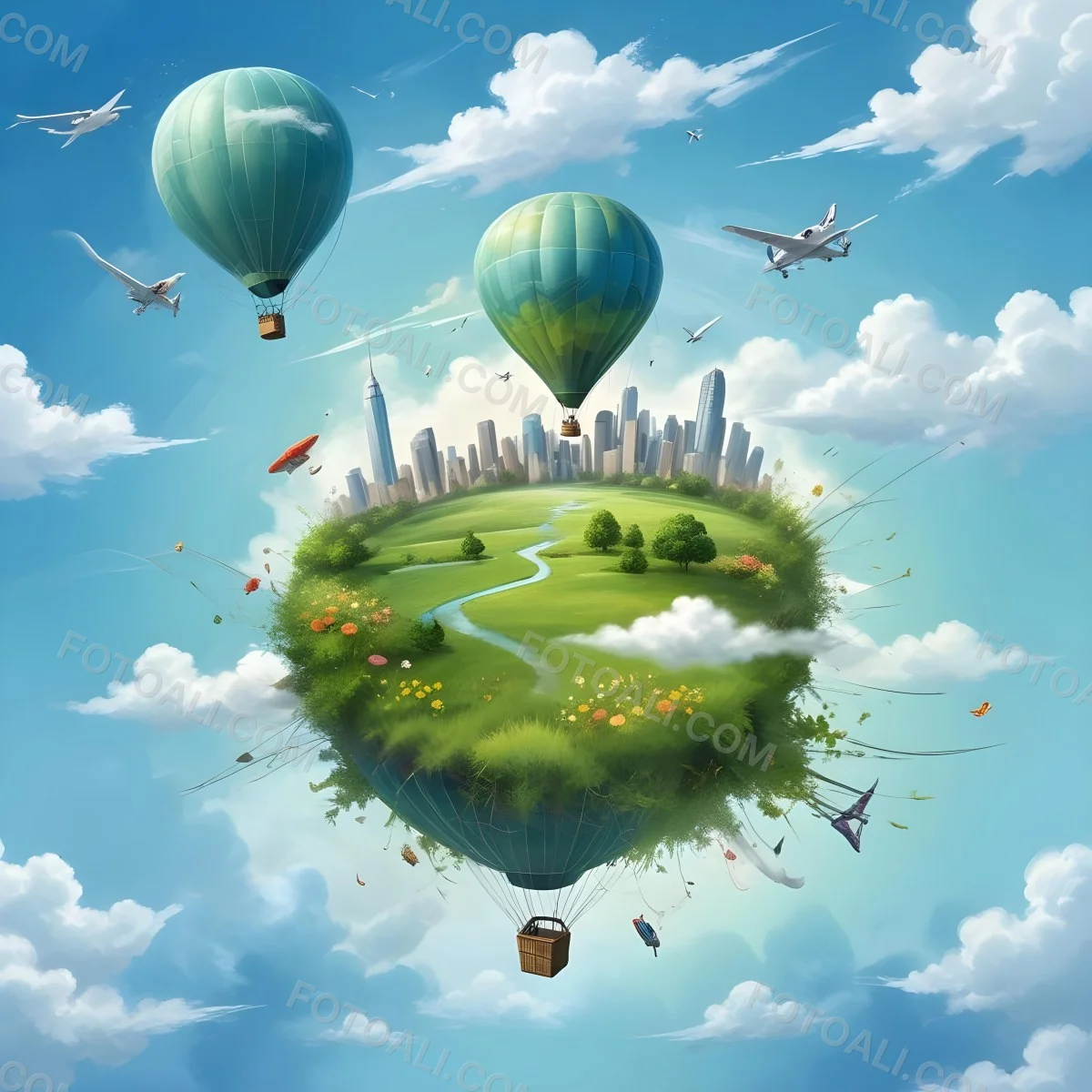 Green Planet With Grass Flowers And Skyscrapers Surrounded By Clouds A Hot Air Balloon And A Plane In A Blue Sky 30 9166