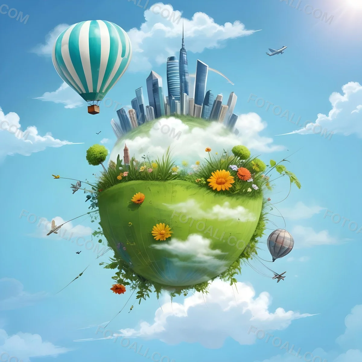 Green Planet With Grass Flowers And Skyscrapers Surrounded By Clouds A Hot Air Balloon And A Plane In A Blue Sky 39 06fd
