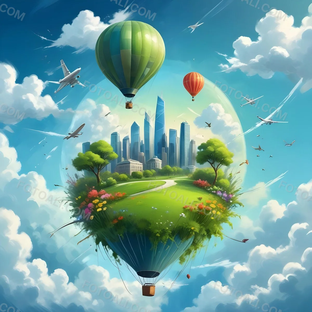 Green Planet With Grass Flowers And Skyscrapers Surrounded By Clouds A Hot Air Balloon And A Plane In A Blue Sky 42 0e52