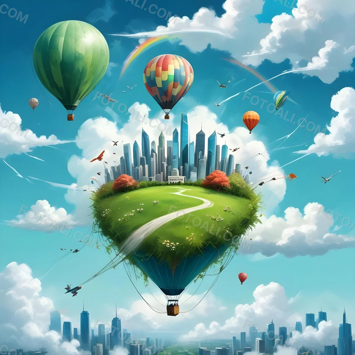 Green Planet With Grass Flowers And Skyscrapers Surrounded By Clouds A Hot Air Balloon And A Plane In A Blue Sky 44 D0ae