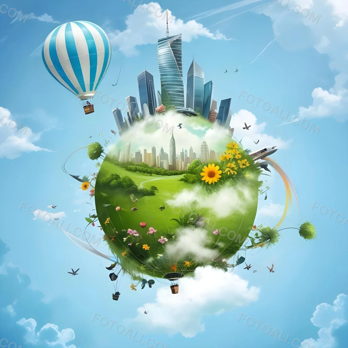 Green Planet With Grass Flowers And Skyscrapers Surrounded By Clouds A Hot Air Balloon And A Plane In A Blue Sky 45 40e2